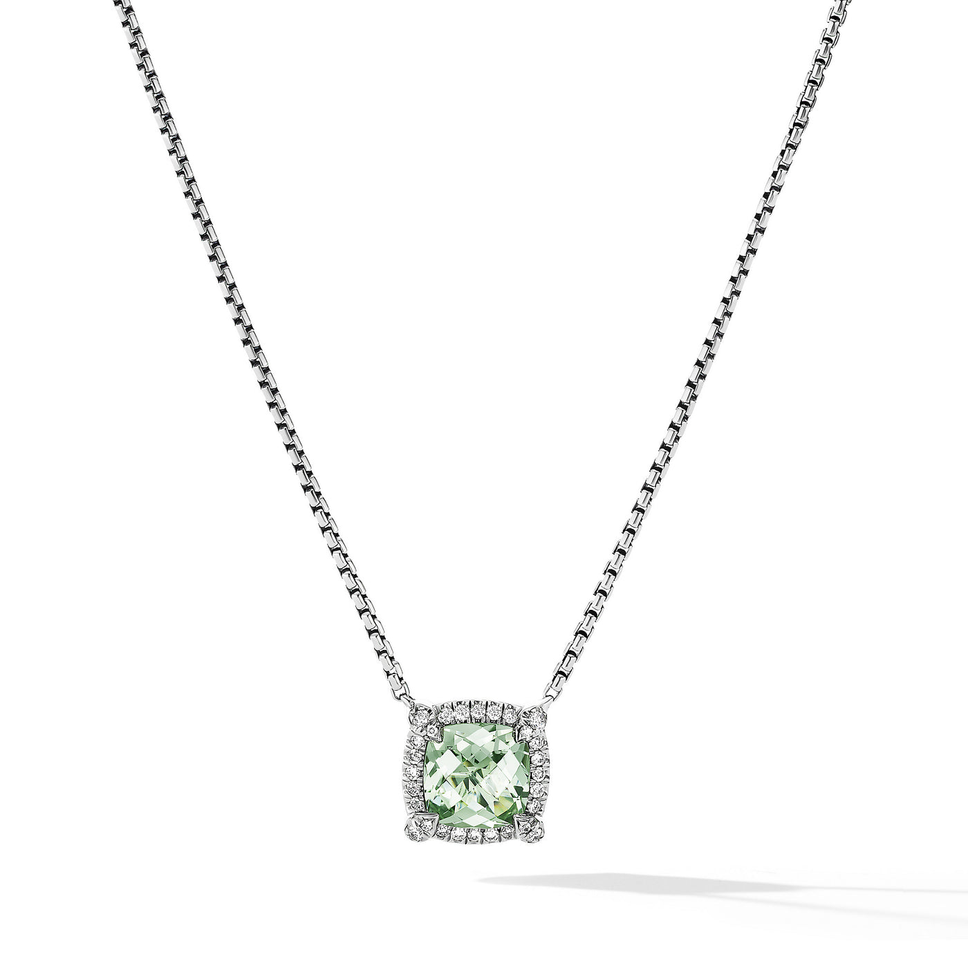 Petite Chatelaine® Pavé Bezel Pendant Necklace in Sterling Silver with Prasiolite and Diamonds, 7mm